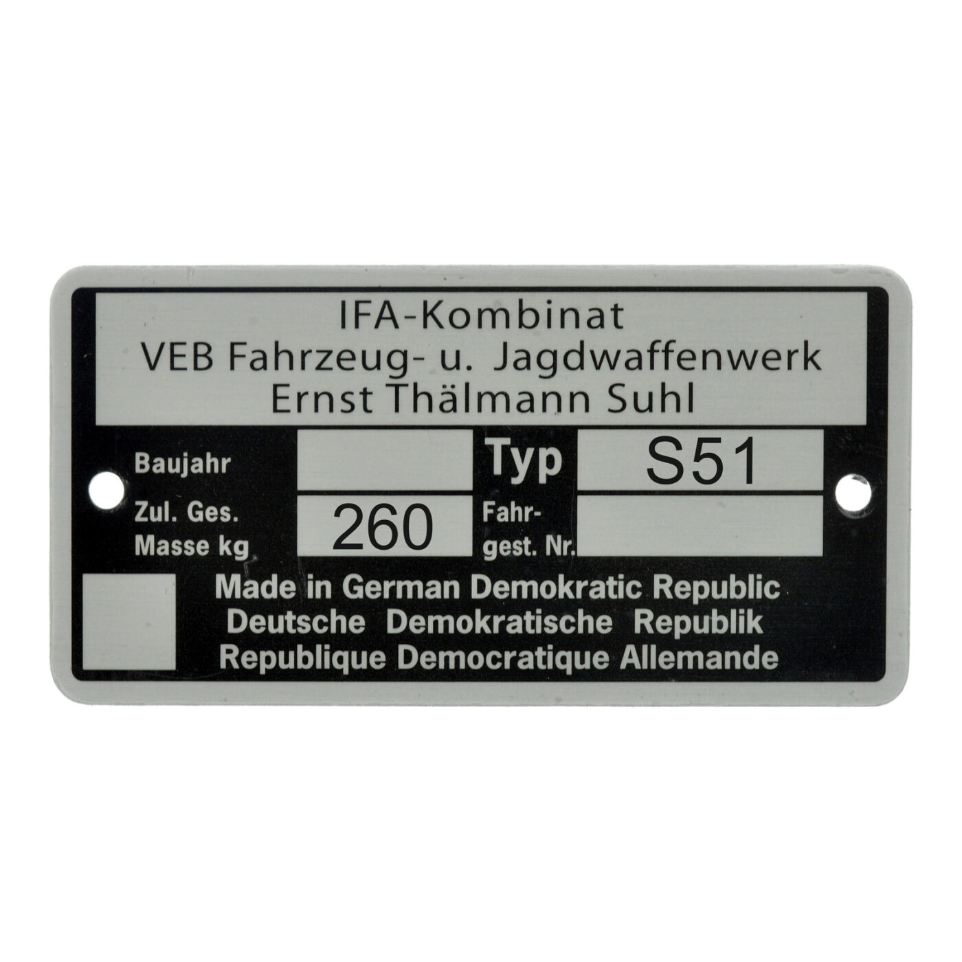 Typschild S51 - IFA Kombinat VEB Fajas - bis Baujahr 1990