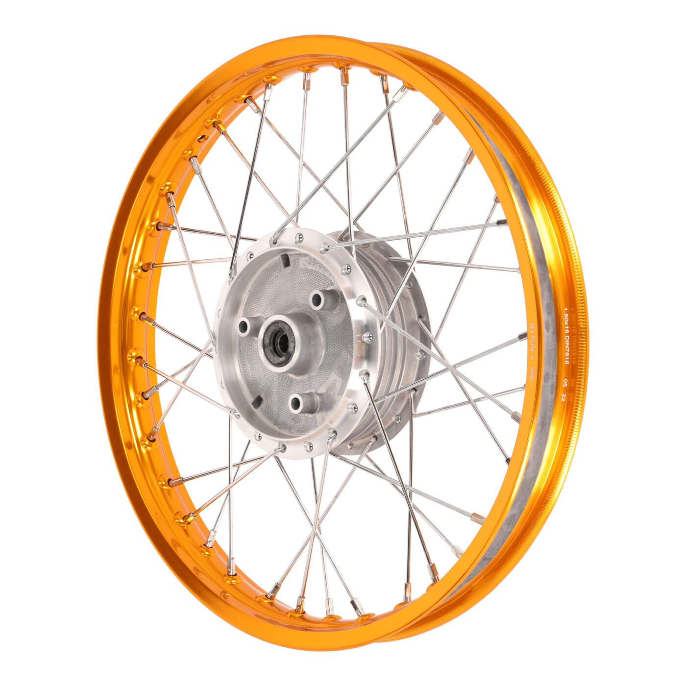Speichenrad 1,50x16 Zoll Alufelge orange eloxiert und poliert + Chromspeichen