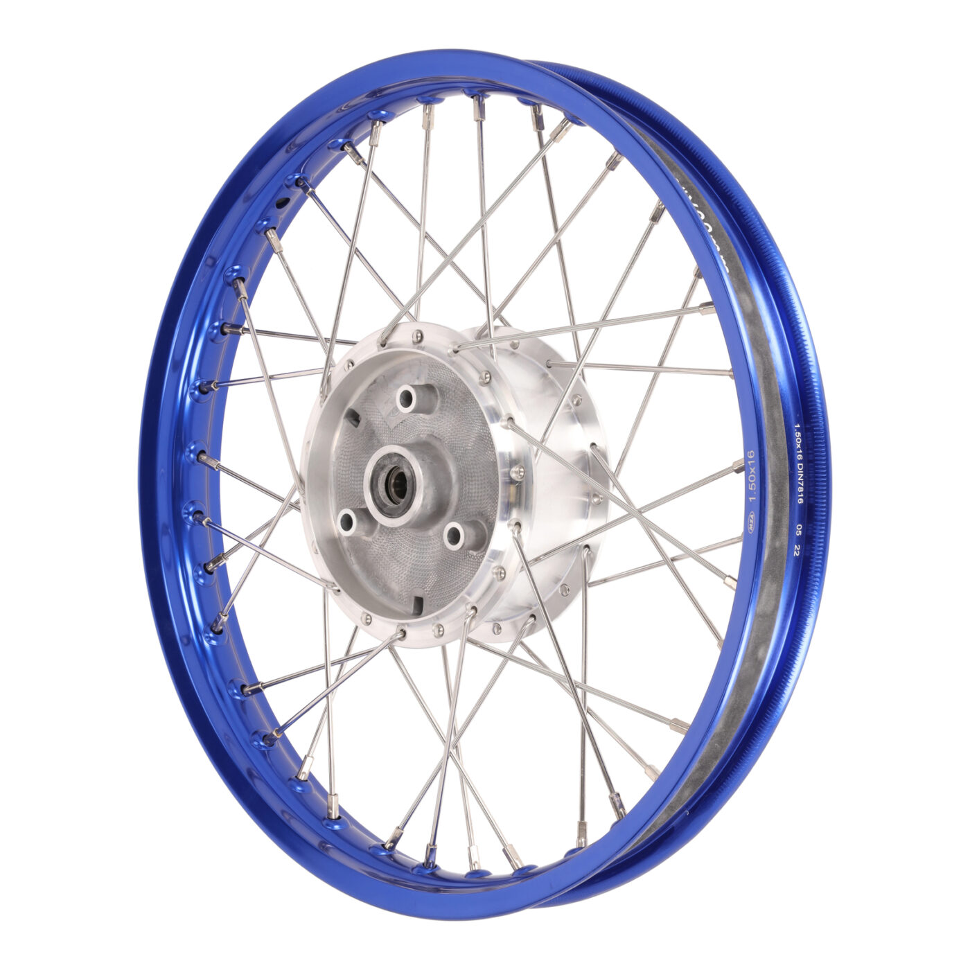 Speichenrad 1,50x16 Zoll Alufelge blau eloxiert + poliert + Edelstahlspeichen + Tuning-Radnabe