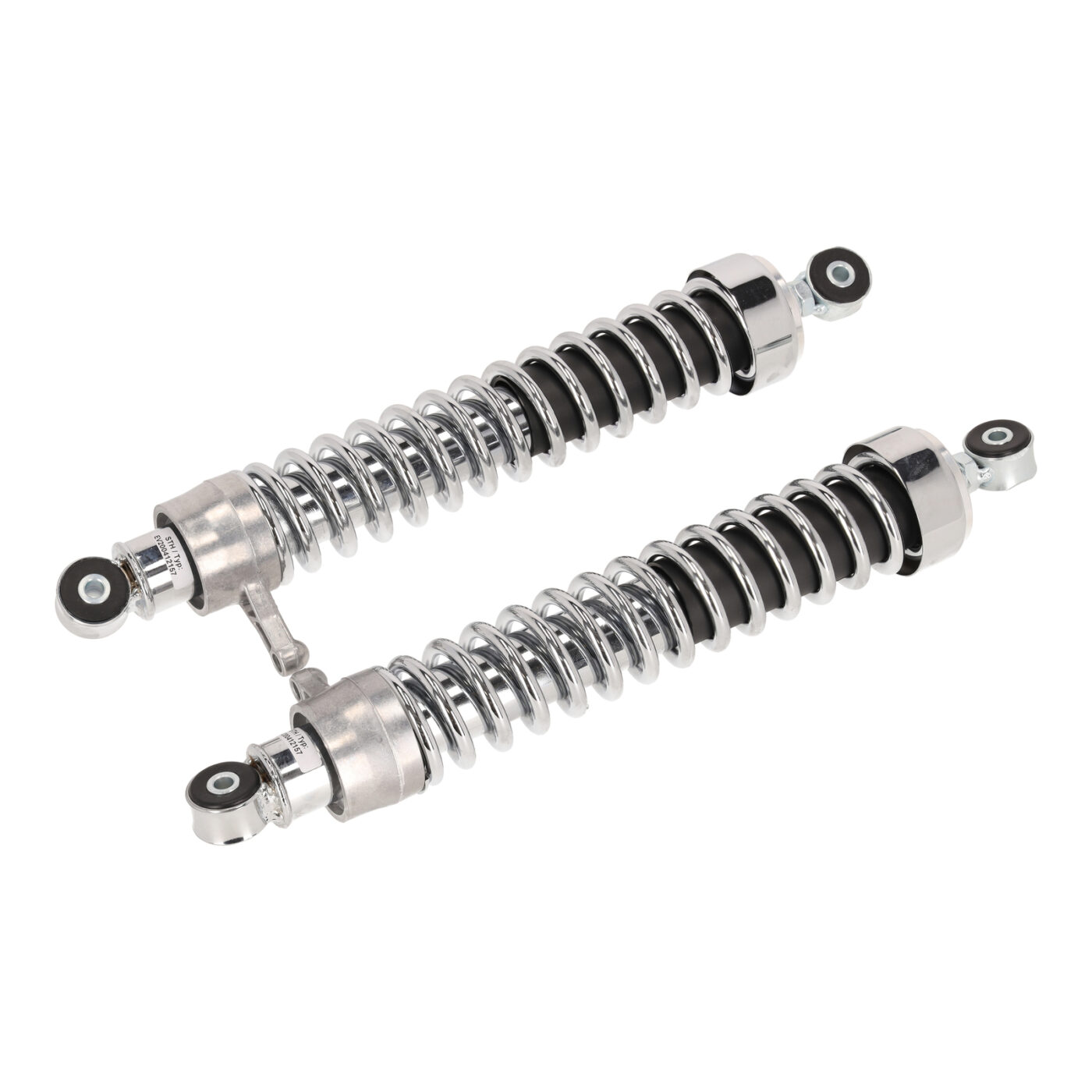 Set Federbeine kpl., chrom u. Chromfeder - 25mm verlängert - Länge 380mm - Auge Ø8mm