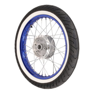 Komplettrad HINTEN - 1,50x16 Zoll - Alufelge blau eloxiert + poliert, Chromspeichen + Weißwandreifen montiert