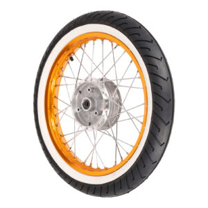 Komplettrad HINTEN - 1,50x16 Zoll - Alufelge orange eloxiert + poliert, Chromspeichen + Weißwandreifen montiert