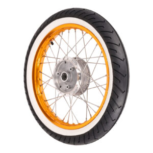 Komplettrad HINTEN - 1,50x16 Zoll - Alufelge orange eloxiert + poliert, Edelstahlspeichen + Weißwandreifen montiert