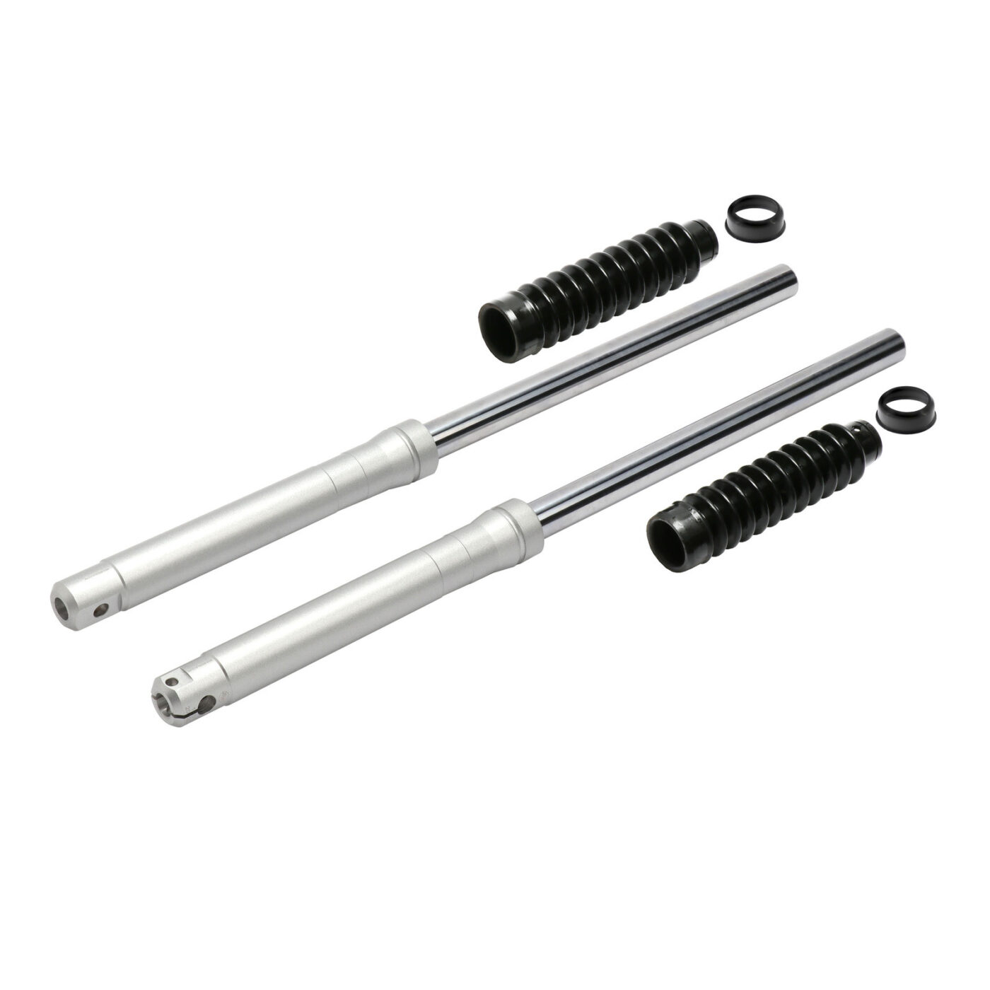 Telegabelholme mit hydraulischer Dämpfung + Faltenbälge - Trommelbremse, silber seidenmatt - S50, S51, S51E, S70, S70E, S53, S83